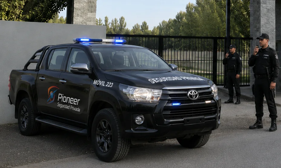 Móvil de Pioneer Seguridad Privada en acceso a barrio privado de Neuquén